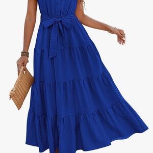 Women’s Tiered Maxi Dress with Waist Tie - Blue